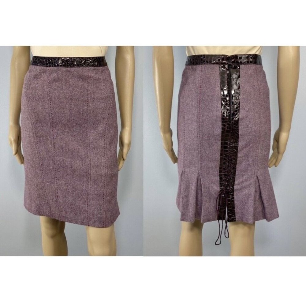Bebe Pencil Skirt Size 6 Plum Purple Wool Tweed Leather Trim Pleated Lace Up